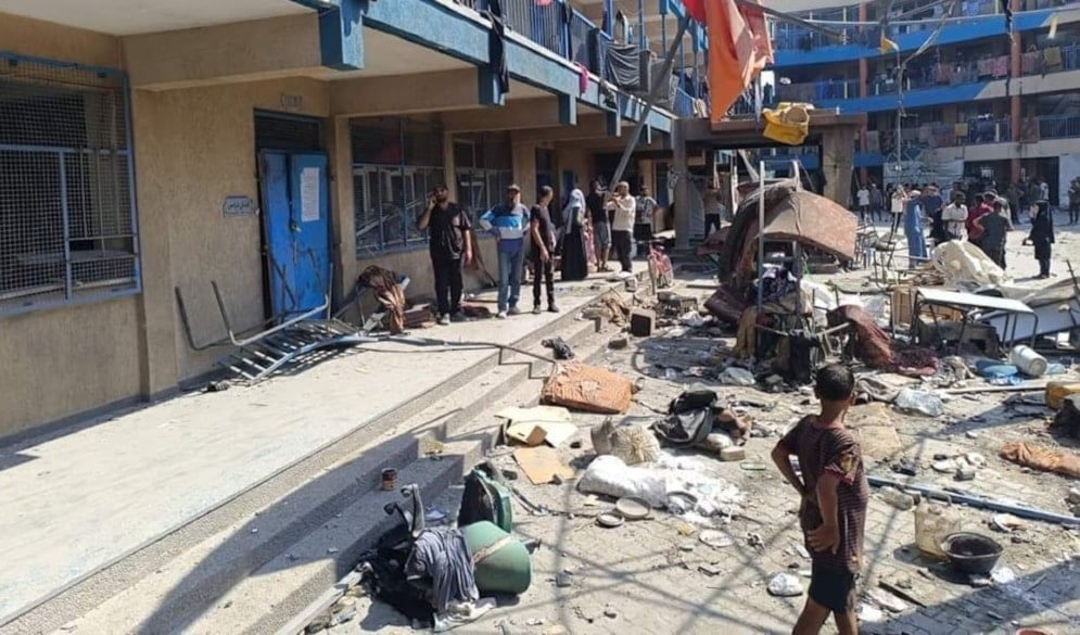 The destruction left behind after the Israelioccupation bombard a refugee-filled UNRWA-operated school, Abu Abreiban, in Nuseirat, Gaza Strip, Palestine, on July 14, 2024. (Social media)