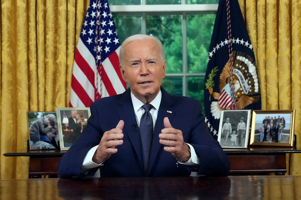 President Joe Biden addresses the nation from the Oval Office of the White House in Washington, Sunday, July 14, 2024 (AP/Pool)