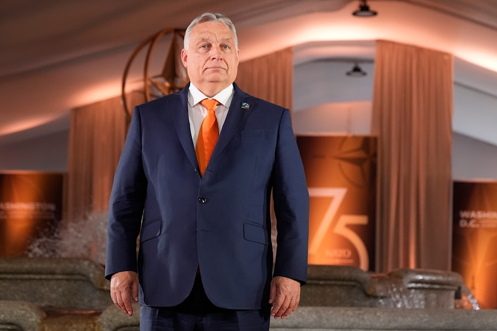 Hungary's Prime Minister Viktor Orban arrives at an event commemorating the 75th anniversary of NATO at the Andrew W. Mellon Auditorium at the NATO summit in Washington, on July 9, 2024. (AP)