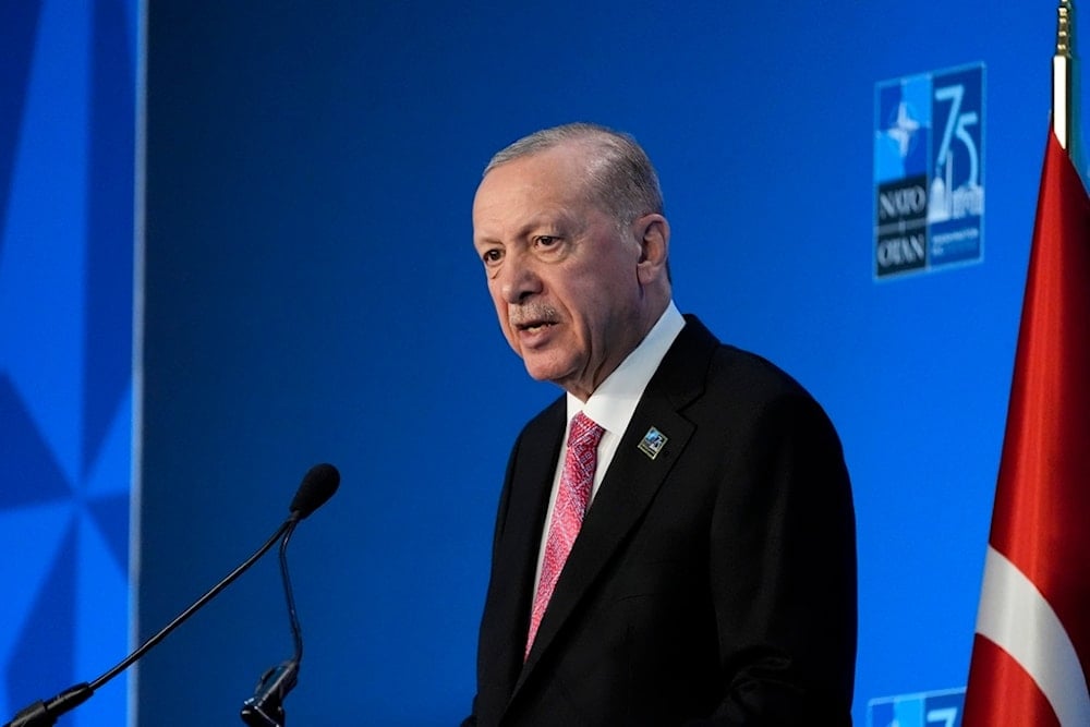 Turkey's President Recep Tayyip Erdogan speaks during a news conference, Thursday, July 11, 2024, during the NATO summit in Washington (AP Photo/Stephanie Scarbrough)