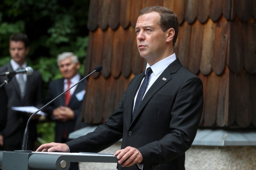 Russian Prime Minister Dmitry Medvedev delivers a speech in Vrsic, Russia, in 2015. (AFP)