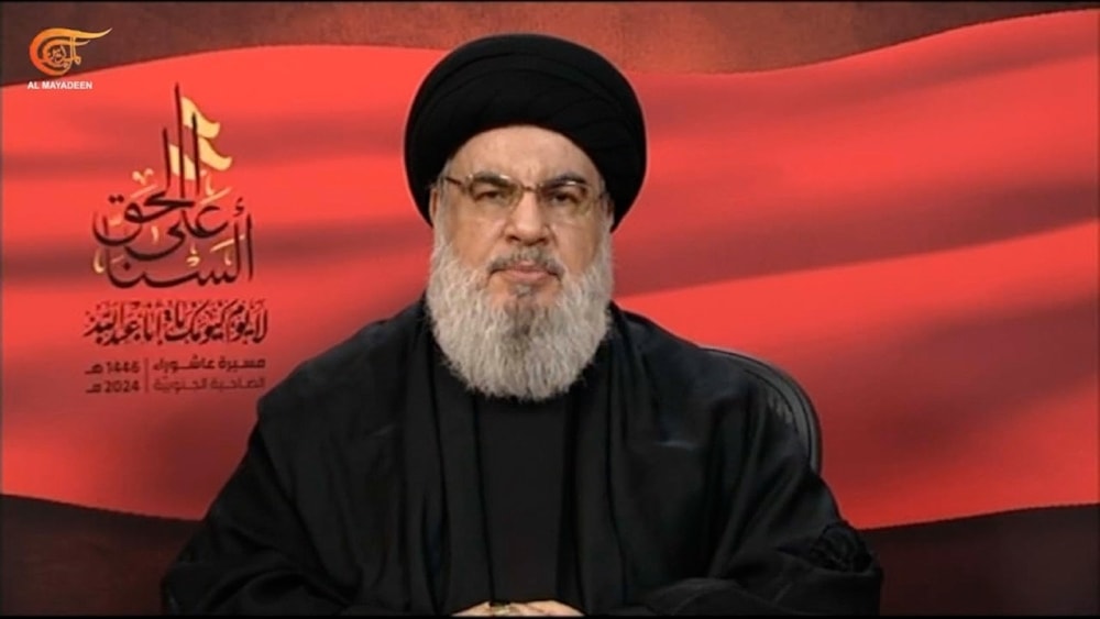 Secretary General of Hezbollah, Sayyed Hassan Nasrallah, during his speech on the anniversary of Ashura, July 17, 2024. (ScreenGrab/Live broadcast)