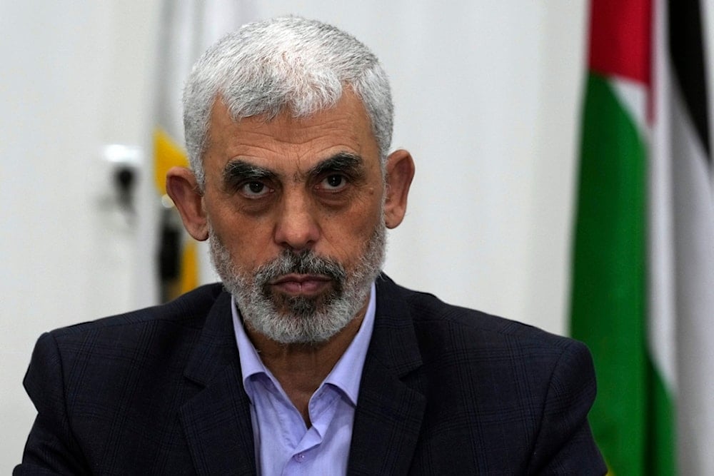 Yahya Sinwar, head of Hamas in Gaza, chairs a meeting with leaders of Palestinian factions at his office in Gaza City, Wednesday, April 13, 2022. (AP)