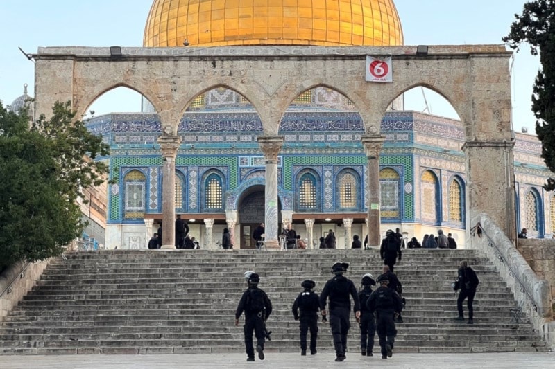 Israeli occupation police storm al-Aqsa mosque compound in occupied al-Quds on April ,2023. (AFP)