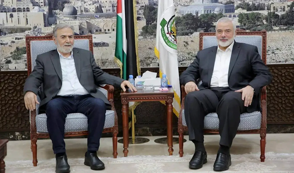 Hamas Political Bureau Chief Ismail Haniyeh and Islamic Jihad Secretary-General Ziad al-Nakhalah in a meeting in the Qatari capital, Doha, on July 18, 2024. (Social media)