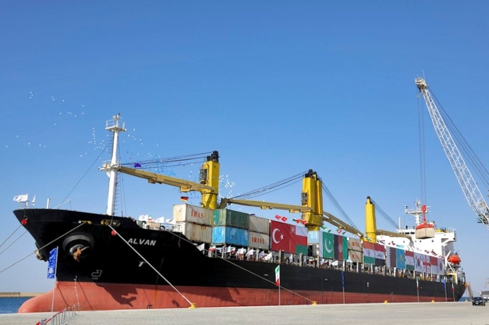 A cargo ship is docked during the inauguration ceremony of the newly built extension in the port of Chabahar on the Gulf of Oman, southeastern Iran, near the Pakistani border, Sunday December 3,2017. (AP)