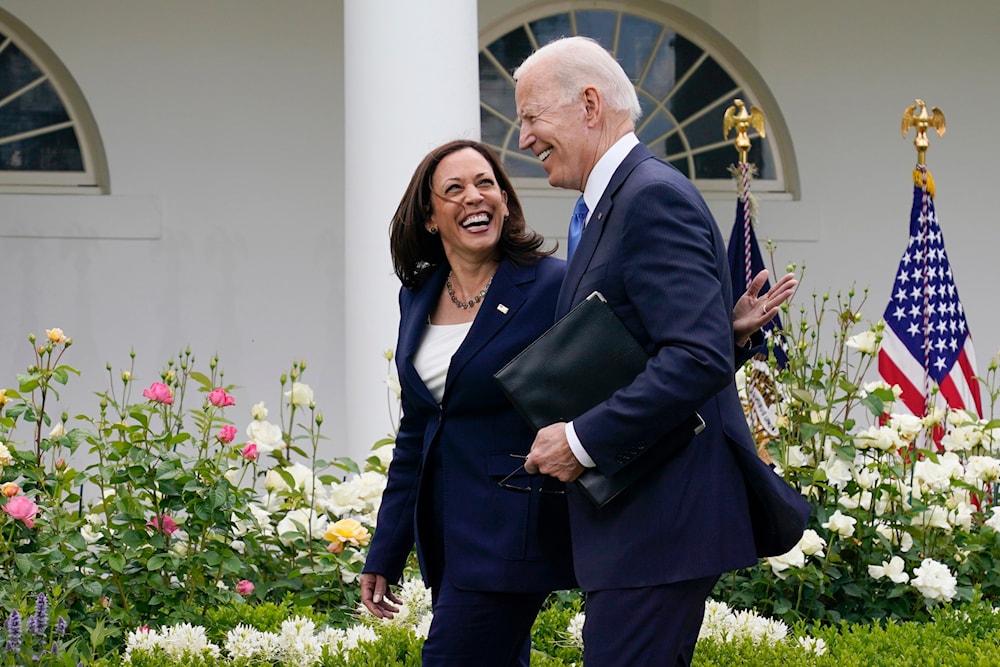 President Joe Biden, right, walks with Vice President Kamala Harris in the Rose Garden of the White House, May 13, 2021, in Washington, the United States (AP)