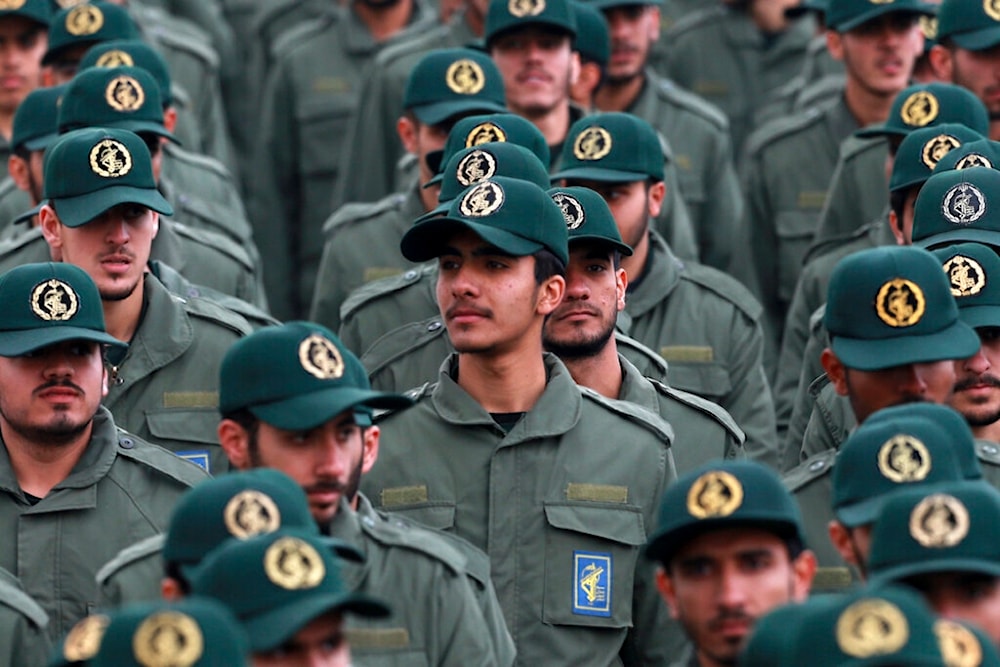 In this Feb. 11, 2019 file photo, Iranian Revolution Guard members attend a ceremony celebrating the 40th anniversary of the Islamic Revolution, at the Azadi, or Freedom, Square in Tehran, Iran. (AP)