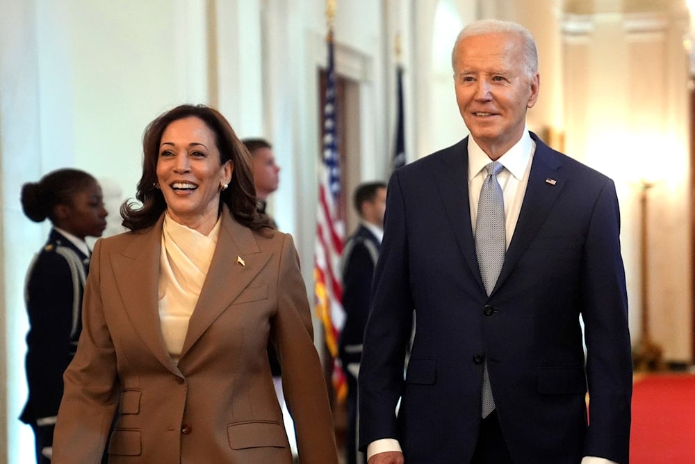 Vice President Kamala Harris, left, and President Joe Biden arrive for an event in the East Room of the White House, May 9, 2024, in Washington. (AP)