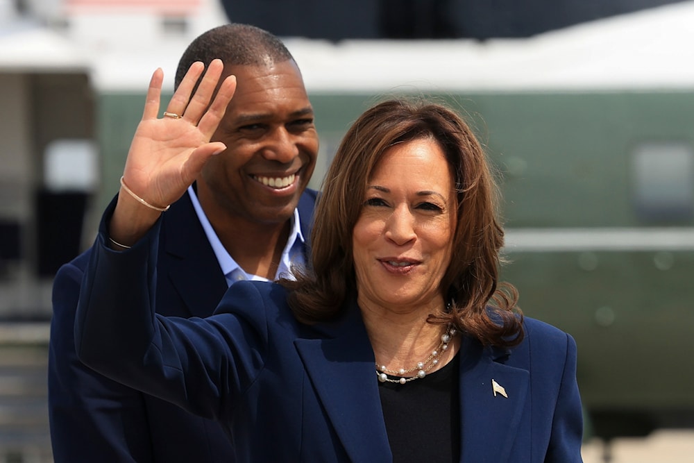 Vice President Kamala Harris waves before boarding Air Force Two as she departs on campaign travel to Milwaukee, Wisc., Tuesday, July 23, 2024 at Andrews Air Force Base, Md. (Pool/AP)