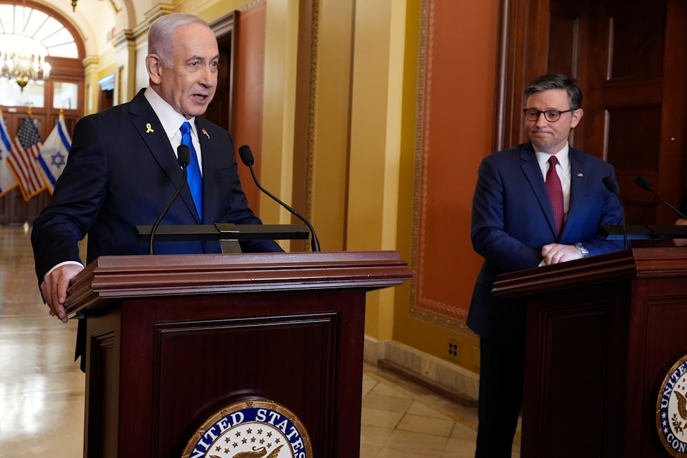 Israeli Prime Minister Benjamin Netanyahu is welcomed by Speaker of the House Mike Johnson, R-La., to the Capitol in Washington, Wednesday, July 24, 2024. (AP)