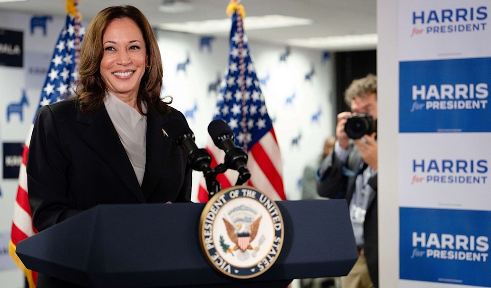 US vice president and Democratic presidential candidate Kamala Harris at her campaign headquarters in Wilmington, Delaware, on July 22, 2024. (AFP)