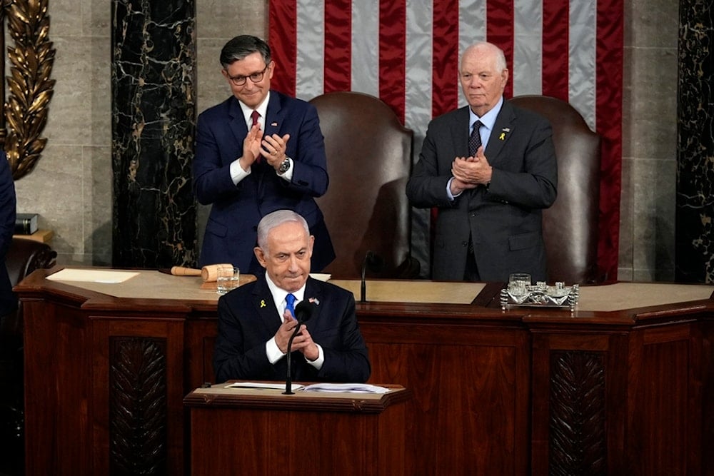 Israeli Prime Minister Benjamin Netanyahu speaks to a joint meeting of Congress at the Capitol in Washington, Wednesday, July 24, 2024, as House Speaker Mike Johnson of La., and Senate Foreign Relations Chair Ben Cardin, D-Md., listen. (AP)