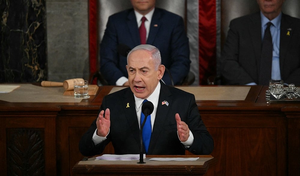 Israeli Prime Minister Benjamin Netanyahu speaks to a joint meeting of Congress at the US Capitol in Washington D.C., July 24, 2024. (AFP)