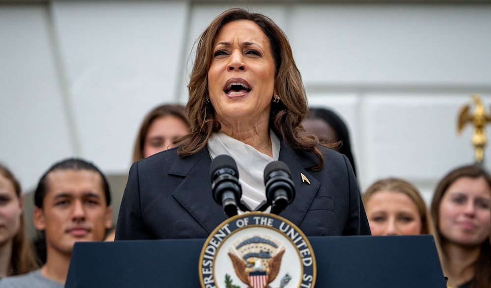 US Vice President Kamala Harris speaks during an NCAA championship teams celebration on the South Lawn of the White House, July 22, 2024. (AFP)