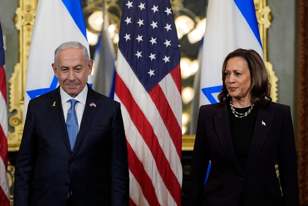 Vice President Kamala Harris, right, and Israeli Prime Minister Benjamin Netanyahu appear before a meeting at the Eisenhower Executive Office Building on the White House complex in Washington, Thursday, July 25, 2024. (AP)