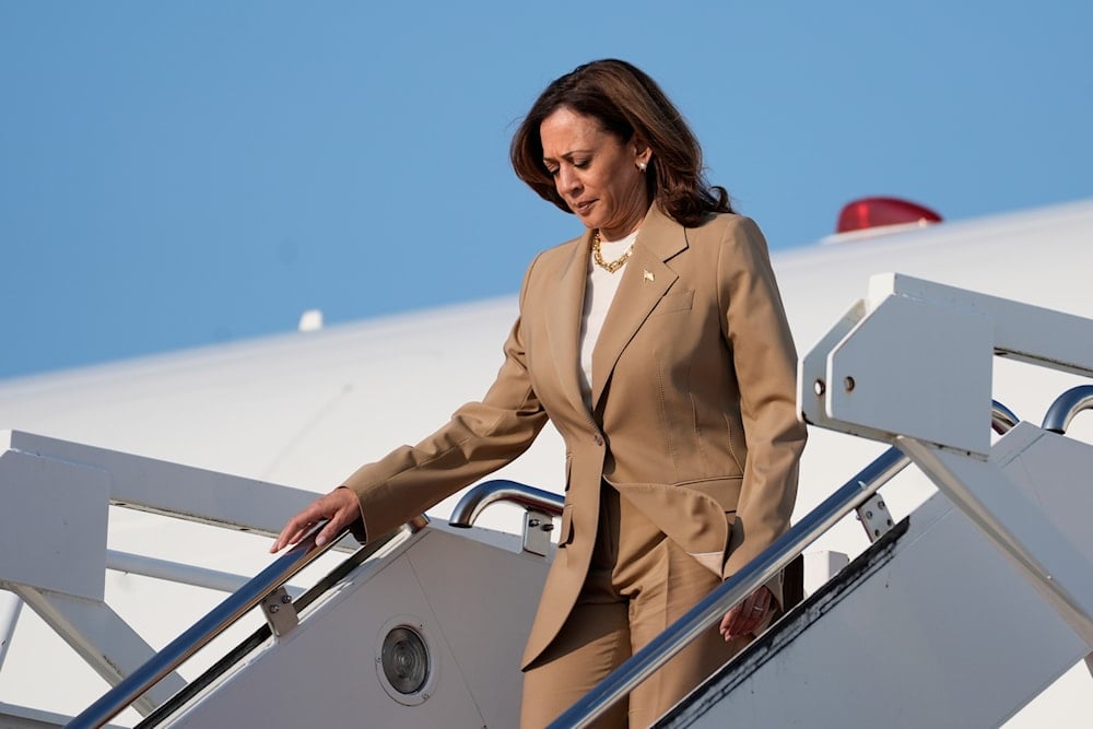 Vice President Kamala Harris steps off of Air Force Two upon arrival at Andrews Air Force Base in Maryland, July 27, 2024 (AP)