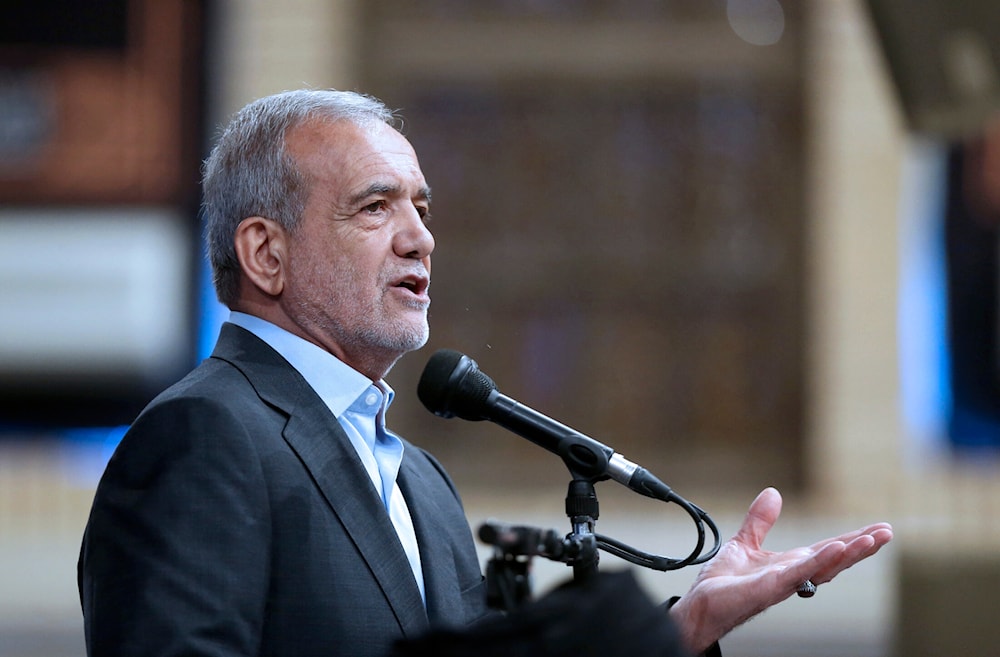 Iranian President Masoud Pezeshkian speaks in an endorsement ceremony in Tehran, Iran, Sunday, July 28, 2024. (Office of the Iranian Supreme Leader via AP)