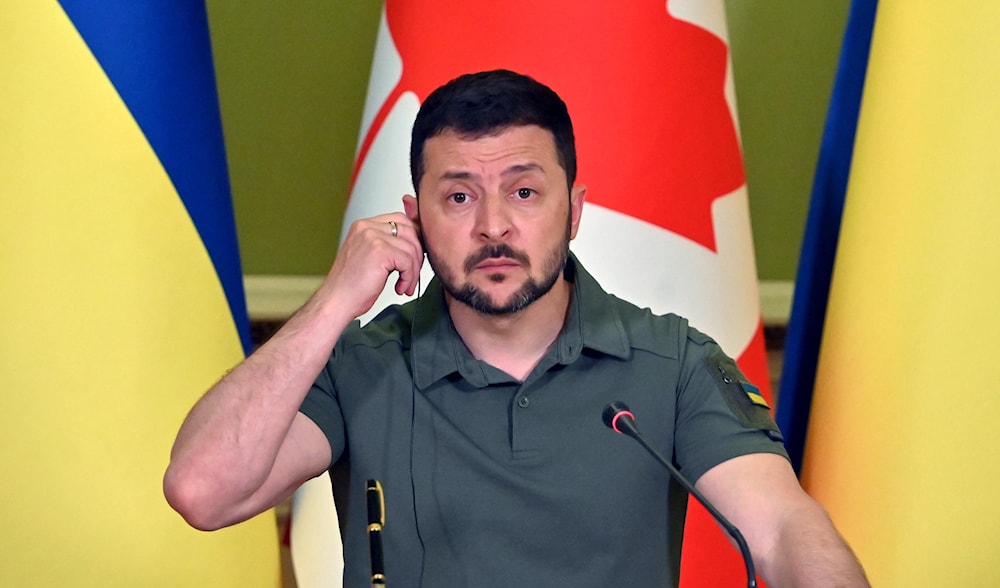 Ukrainian President Volodymyr Zelensky attends a joint press conference with Canadian Prime Minister Justin Trudeau following their talks in Kiev on June 10, 2023. (AFP)