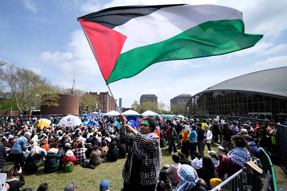 Students gather at a pro-Palestinian student encampment on the campus of the Massachusetts Institute of Technology, Friday, May 3, 2024, in Cambridge, Mass. (AP)