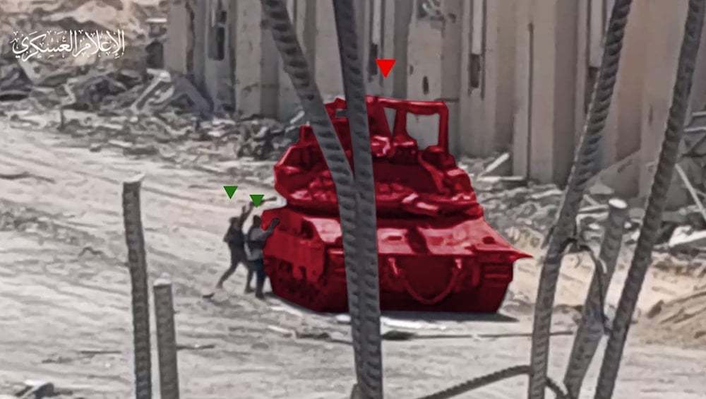 Two Resistance fighters detonating an Israeli Merkava at point-blank (Al-Qassam Brigades Military Media)