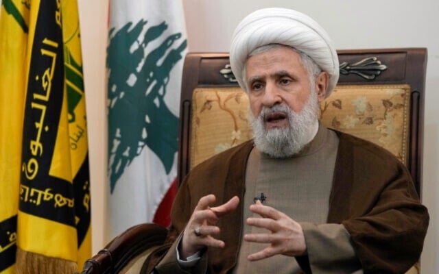 Hezbollah's deputy leader Sheikh Naim Qassem speaks during an interview with The Associated Press in Beirut's southern suburbs, Lebanon, July 2, 2024. (AP)