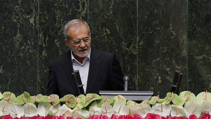 The new Iranian president Masoud Pezeshkian at his inauguration in Tehran, Iran on July 30, 2024 (Mehr News Agency)