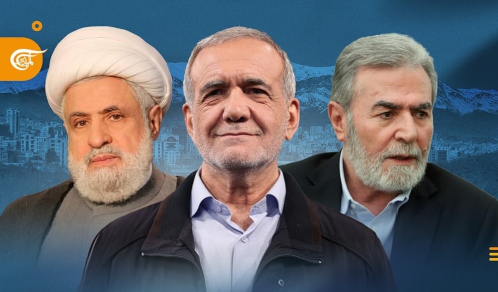 Iranian President Masoud Pezeshkian received the Deputy Secretary General of Hezbollah and the Secretary General of the Palestinian Islamic Jihad, on July 29, 2024. (Al Mayadeen)