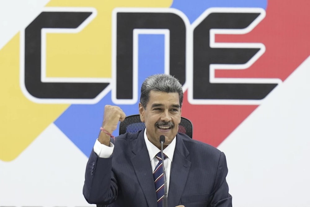 Venezuelan President Nicolas Maduro attends a ceremony at the National Electoral Council (CNE) that certifies him as the winner of the presidential election in Caracas, Venezuela, Monday, July 29, 2024. (AP)