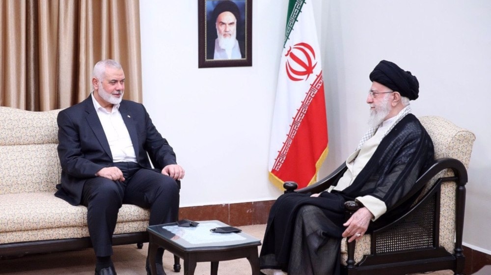 Leader of the Islamic Revolution Ayatollah Seyyed Ali Khamenei meets with Ismail Haniyeh, head of the political bureau of the Palestinian Hamas resistance group, in Tehran, on July 30, 2024. (Khamenei.ir)