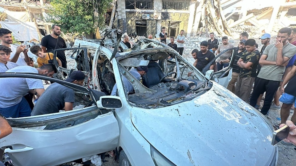 The vehicle that journalists Ismail al-Ghoul and Rami al-Rifi were aboard in the al-Shati Camp, the Gaza Strip, occupied Palestine, July 31, 2024 (Palestinian media)