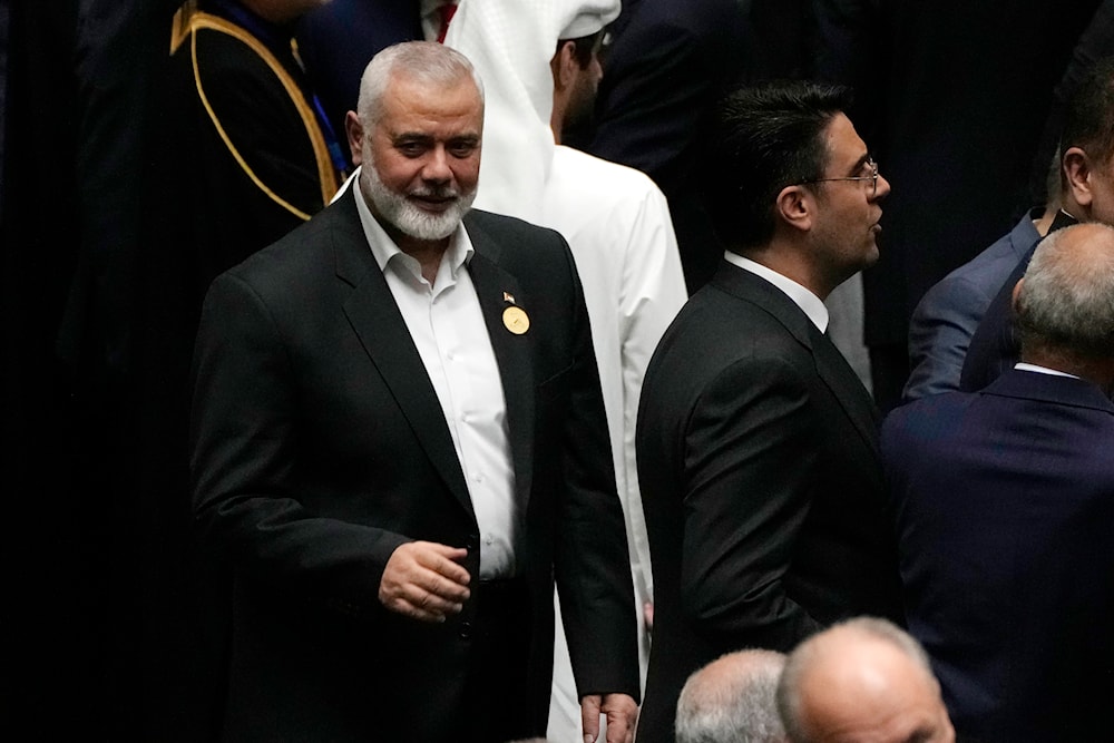 Hamas chief Ismail Haniyeh arrives at the Iranian parliament to attend the swearing-in ceremony of newly-elected President Masoud Pezeshkian, in Tehran, Iran, on July 30, 2024. (AP)