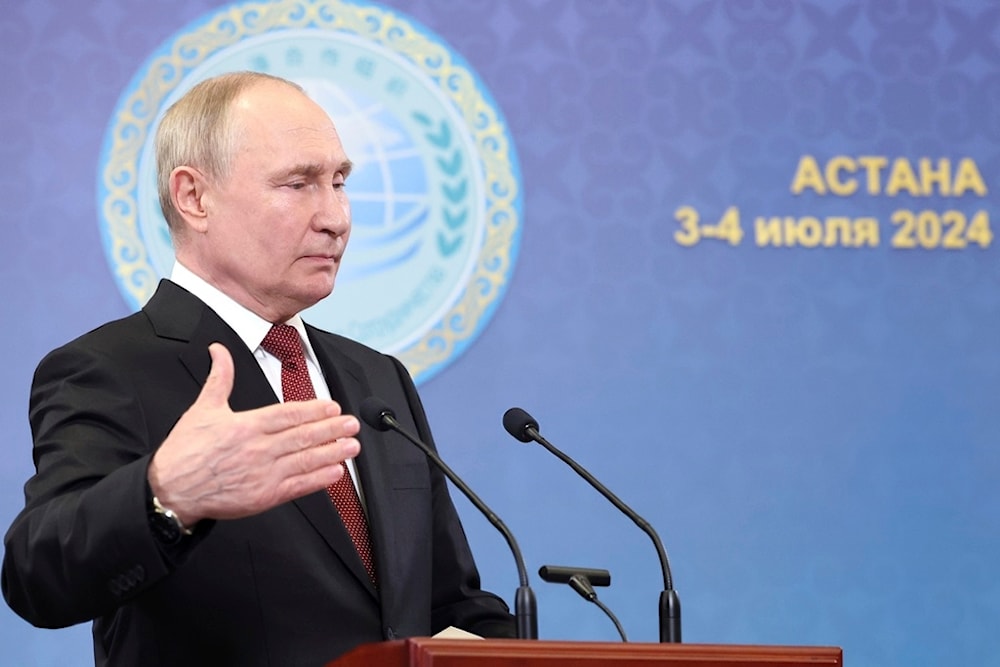 Russian President Vladimir Putin holds press conference after the Shanghai Cooperation Organisation (SCO) summit in Astana, Kazakhstan, Thursday, July, 4, 2024. (AP)