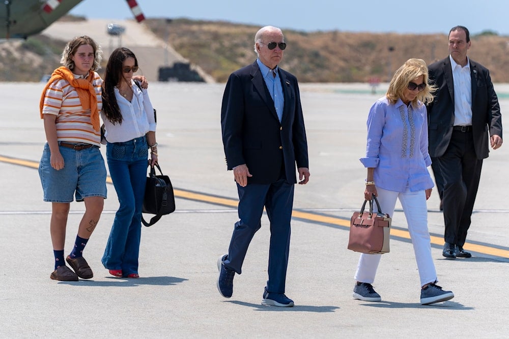 Maisy Biden, Naomi Biden, President Joe Biden and first lady Jill Biden walk to depart on Air Force One from Los Angeles International Airport, June 16, 2024, in Los Angeles. (AP)