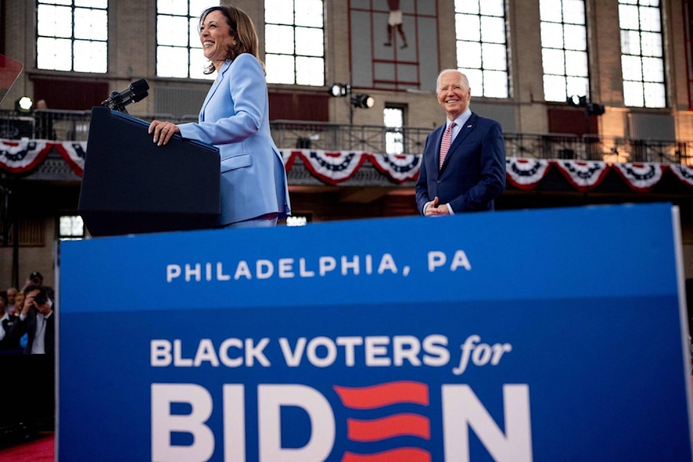 .US Vice President Kamala Harris introduces US President Joe Biden during a campaign rally at Girard College on May 29, 2024. (AFP)