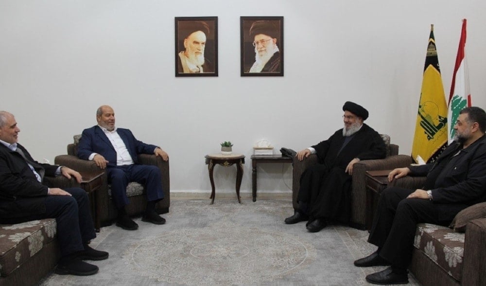 Secretary General of Hezbollah Sayyed Hassan Nasrallah receives a delegation of Hamas leaders in Lebanon on May 15,2024. (Military Media of the Islamic Resistance in Lebanon)