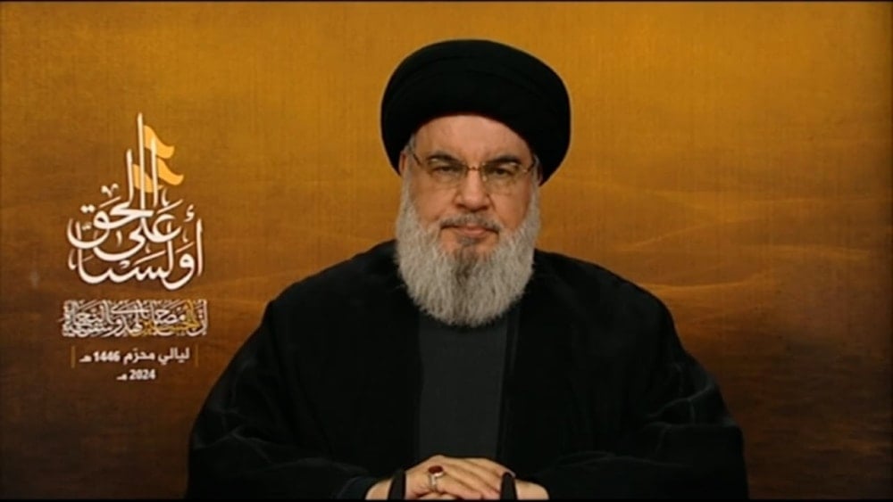 Hezbollah Secretary-General, Sayyed Hasan Nasrallah, speaking on the first night of Ashura on Sunday July 7, 2024. (Social media)