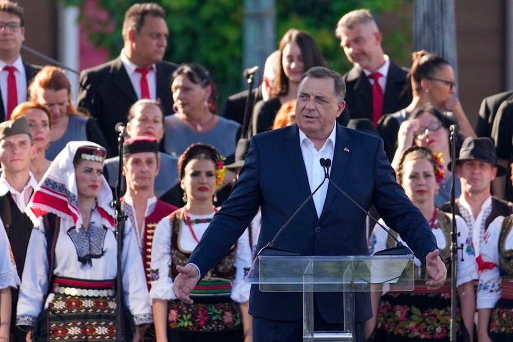 Bosnian Serb political leader Milorad Dodik speaks during the gathering the 