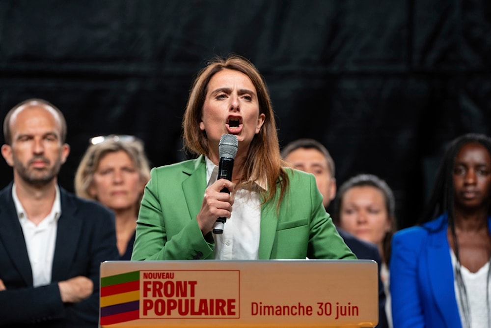 President of the Green Party Marine Tondelier speaks at Republique plaza during a protest against the far-right National Rally, Sunday, June 30, 2024 in Paris. (AP)