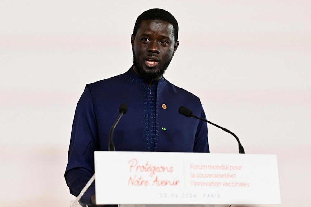 Senegal's President Bassirou Diomaye Faye delivers his speech during the African Vaccine Manufacturing Accelerator conference, Thursday, June 20, 2024 in Paris. (AP)