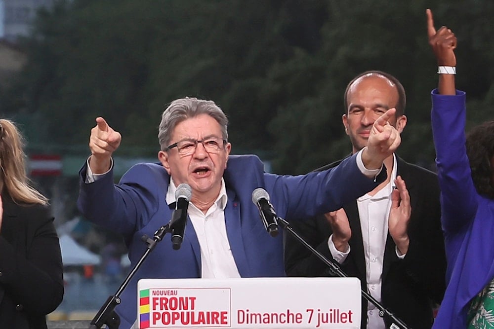 LFI Jean-Luc Melenchon, delivers his speech after the second round of the legislative elections Sunday, July 7, 2024 in Paris. (AP)