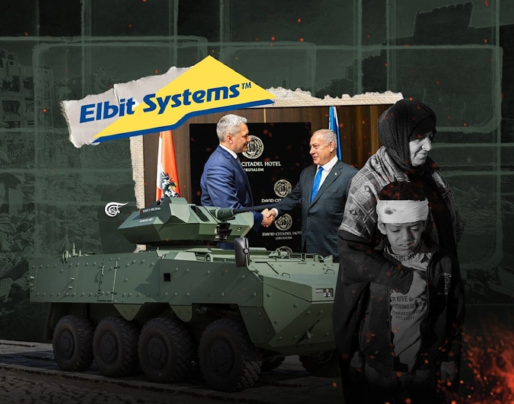 ESLAIT is the Austrian subsidiary of Israeli drone manufacturer Elbit Systems. Its drones have surveilled and bombed the Gaza Strip and West Bank refugee camps from Jenin to Tulkarm for years. (Al Mayadeen English; Illustrated by Zeinab El-Hajj)