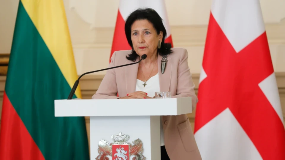 Georgian President Salome Zourabichvili, speaks at a joint news conference with foreign ministers of Baltic and Nordic states during her trip to Georgia in Tbilisi, Georgia, May 15, 2024. (AP)