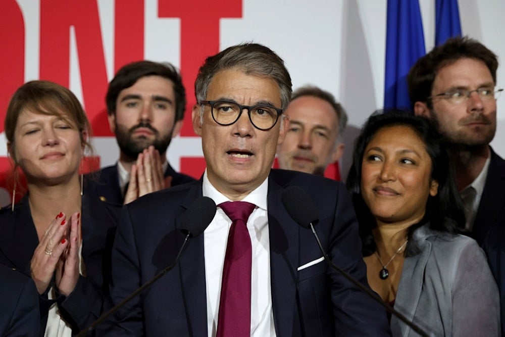 Olivier Faure, First Secretary of the Socialist Party delivers a speech after the second round of the legislative elections, Sunday, July 7, 2024 at their election night headquarters in Paris. (AP)