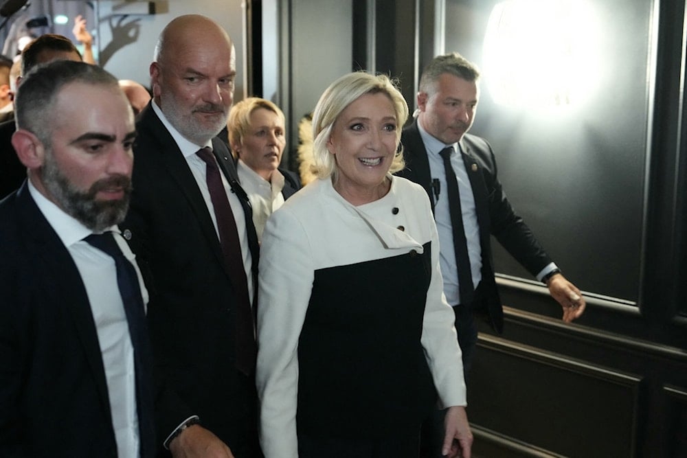 National Rally leader Marine Le Pen arrives for the party's election night party following the early results of the second round of France's legislative election in Paris on July 7, 2024. (AFP)