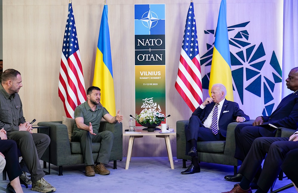 Secretary of State Antony Blinken, right, speaks during a meeting with Ukrainian Foreign Minister Dmytro Kuleba, Tuesday, July 9, 2024, at the State Department in Washington. (AP)