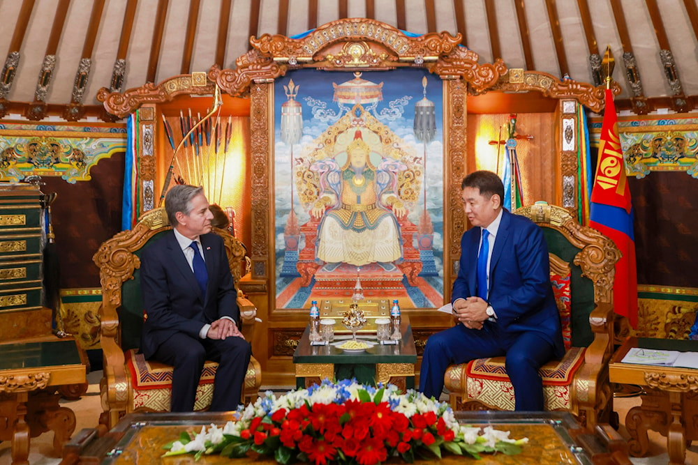 US Secretary of State Antony Blinken meets with Mongolian President Ukhnaagiin Khurelsukh in Ulaanbaatar on Thursday, August 1, 2024 (AP)