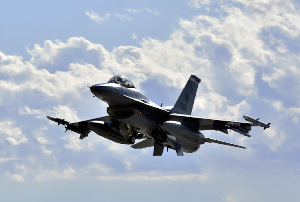 A US F-16 Fighting Falcon fro mthe 510th Fighter Squadron takes off during Red Flag 24-1 at Nellis Air Force Base, Nevada on January 25, 2024. (US AirForce via AP)