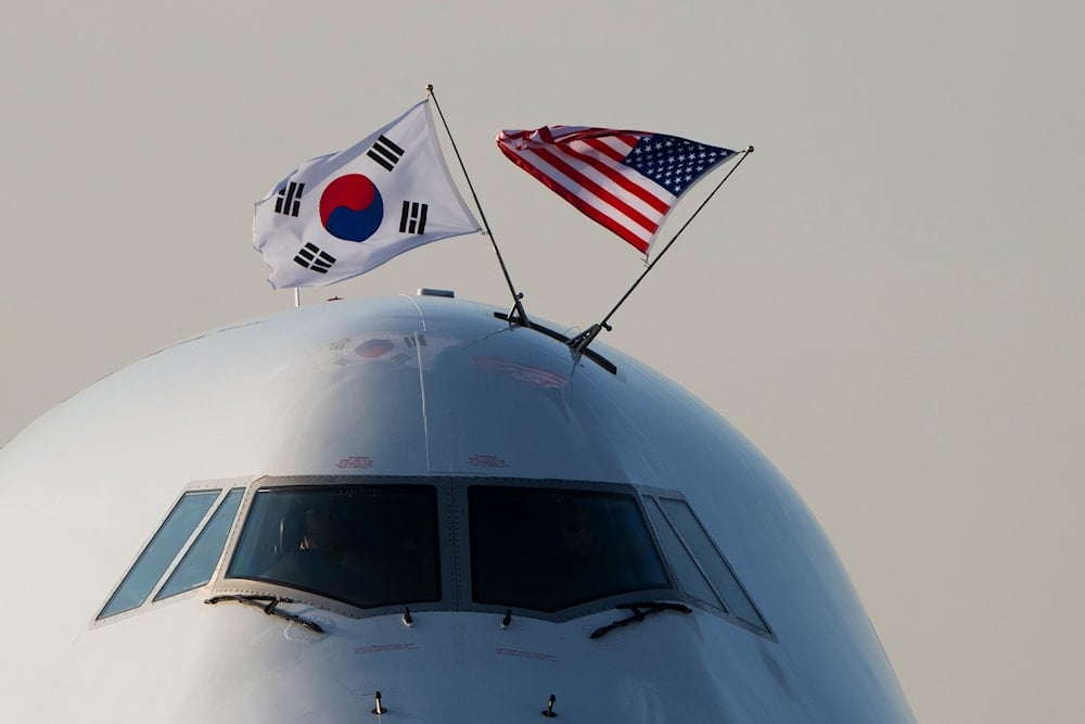 The aircraft carrying South Korea's President Yoon Suk Yeol, taxis on the tarmac on July 10, 2024. (AP)