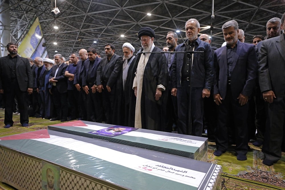 Leader of the Islamic Revolution Ayatollah Sayyed Ali Khamenei leads funeral prayers for Ismail Haniyeh and his security guard at Tehran University on August 1, 2024. (Khamenei.ir)